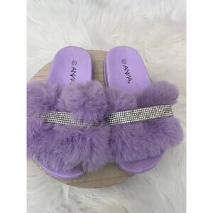 Girl's Toddler Purple Fuzzy Rhinestone Slide Shoes GUC Fluffy Slipper